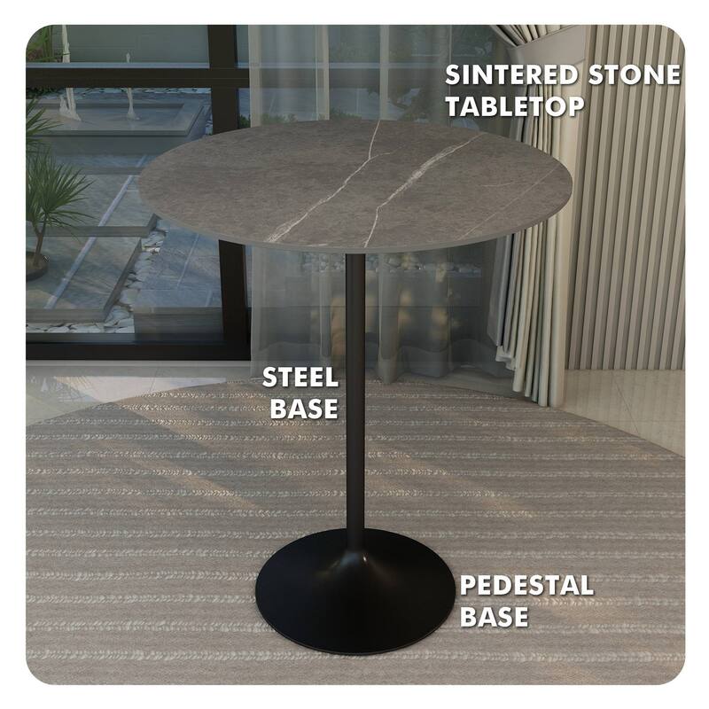 LeisureMod Verve 36" Bar Height Dining Table with Sintered Stone Round Top in Black Padestal Base