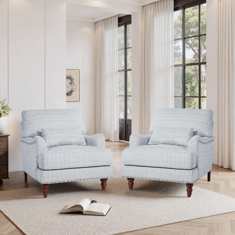 Set of 2 Mid Century Chenille Upholstered Accent Chairs - Linen - Pinstripe Blue-Linen