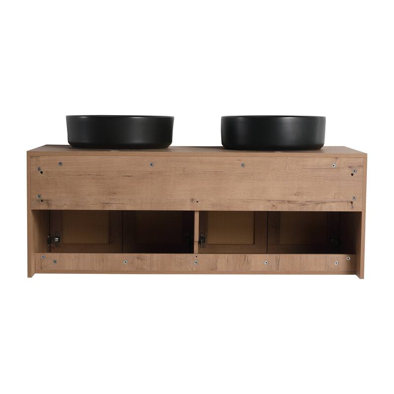 48" Bathroom Vanity with 2 Vessel Ceramic Sink Float Mounting Bathroom Storage Cabinet with 4-Soft Close Door
