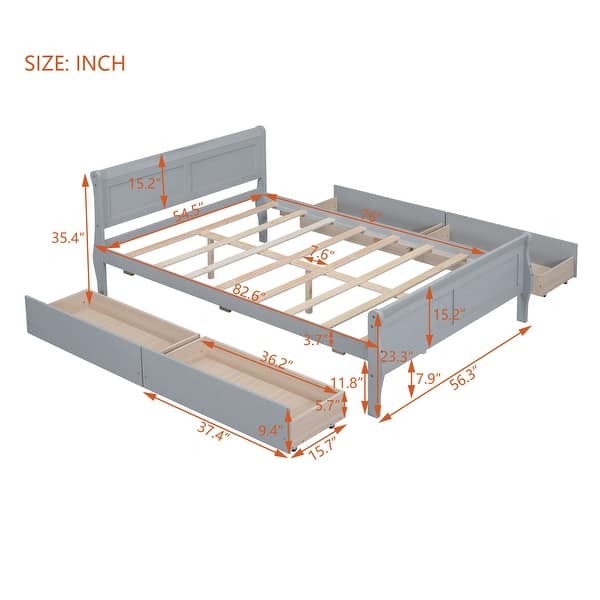 dimension image slide 1 of 4, Full Wood Platform Bed with Drawers - Elegant Design, No Box Spring Needed