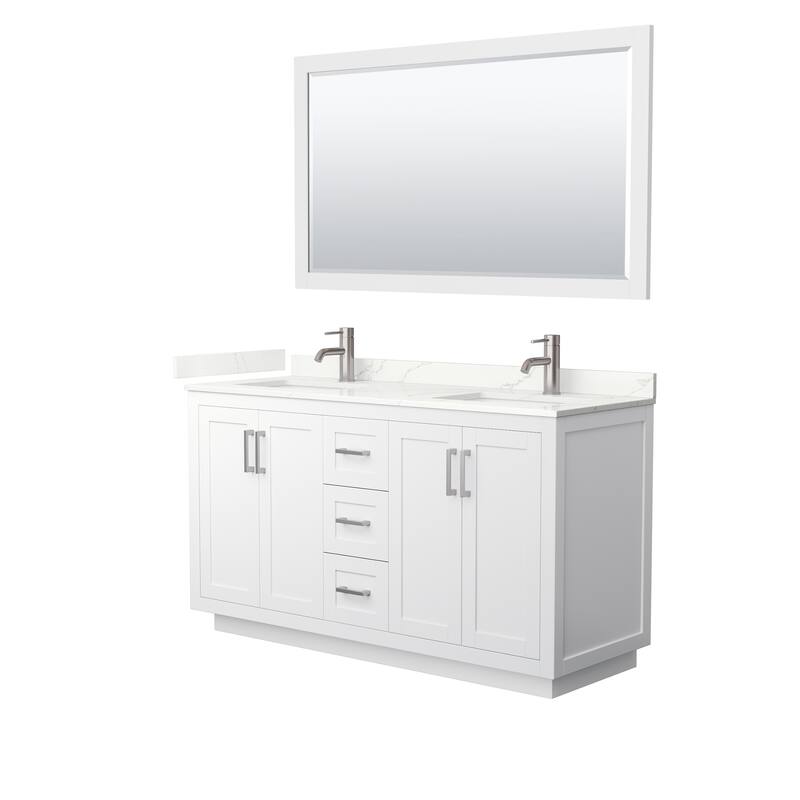 Miranda 60-inch Double Vanity, Quartz Top, 58-inch Mirror - White, Nickel Trim, Giotto Quartz Top