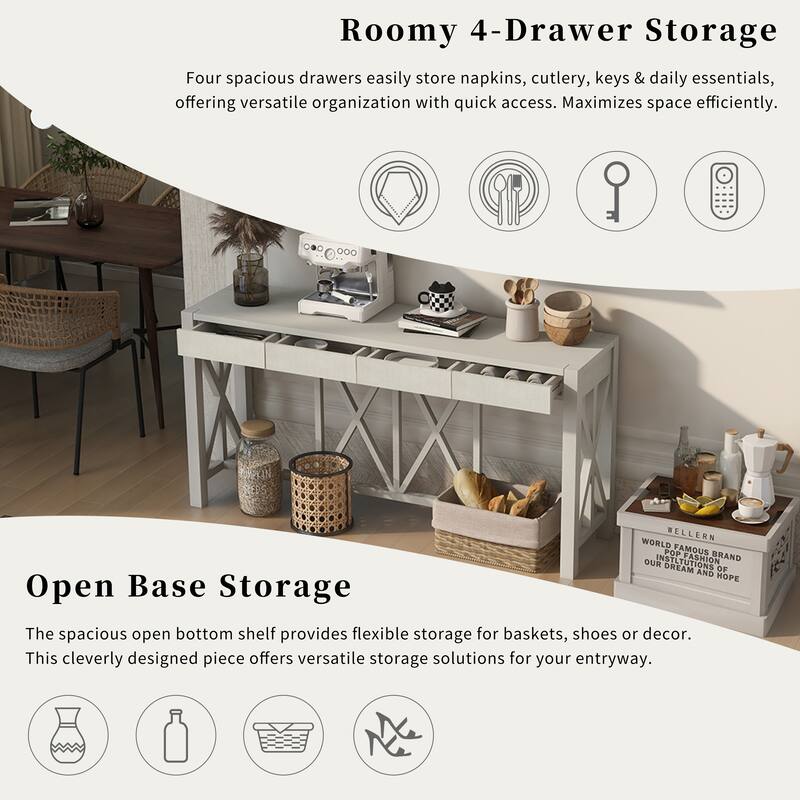 Acacia Veneer Console Table Entryway Table with 4 Drawers and X-Leg, Farmhouse Sofa Table with Open Bottom Storage