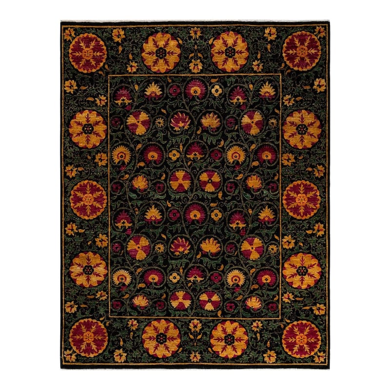 Overton Hand Knotted Wool Vintage Inspired Modern Contemporary Suzani Black Area Rug - 8' 2" x 10' 5"