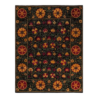 Overton Hand Knotted Wool Vintage Inspired Modern Contemporary Suzani Black Area Rug - 8' 2" x 10' 5"
