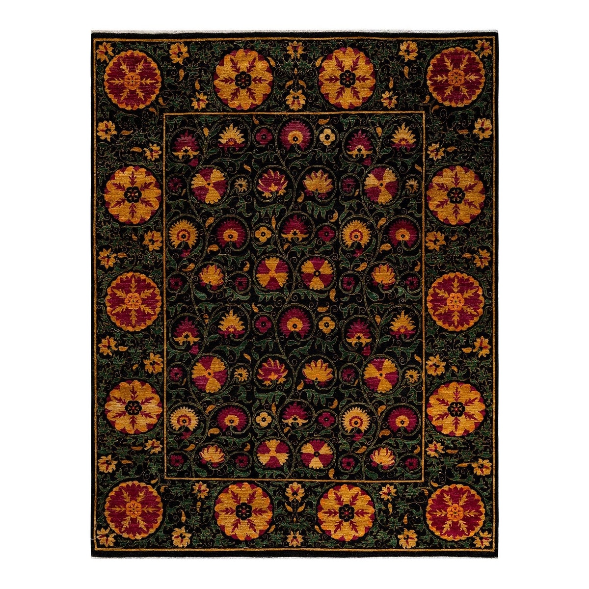 Overton Hand Knotted Wool Vintage Inspired Modern Contemporary Suzani Black Area Rug - 8' 2" x 10' 5"