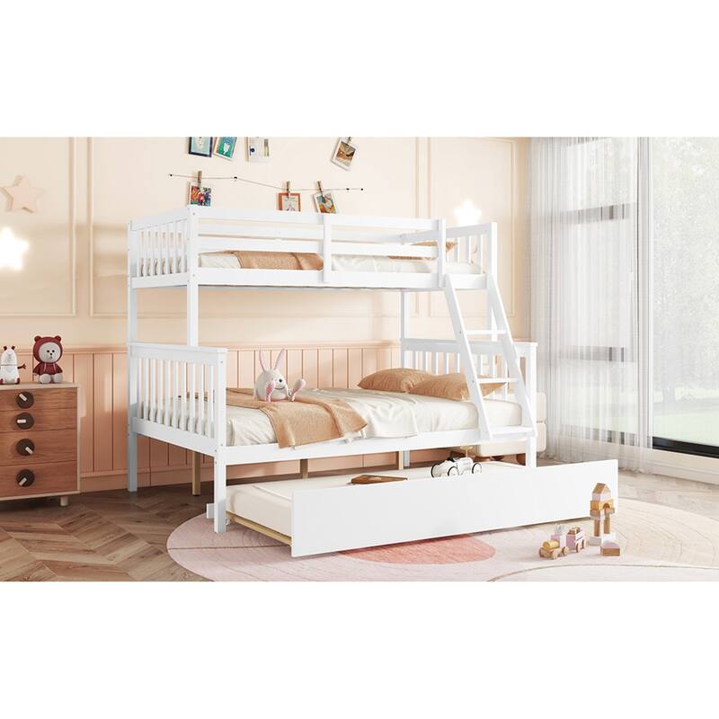 Roomfitters Twin Over Full Rubber Wood Bunk Bed with Trundle, Detachable Convertible Bunk Bed with Ladder and Guardrails