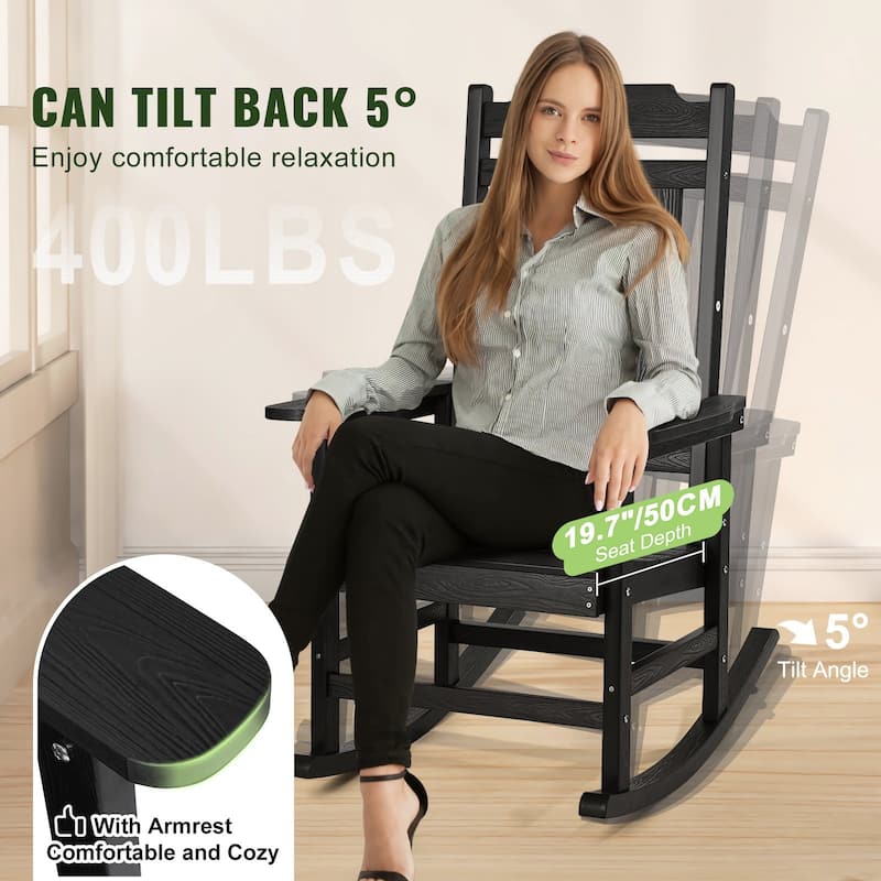 Black HIPS Rocking Chairs Ergonomic Weatherproof Patio Set