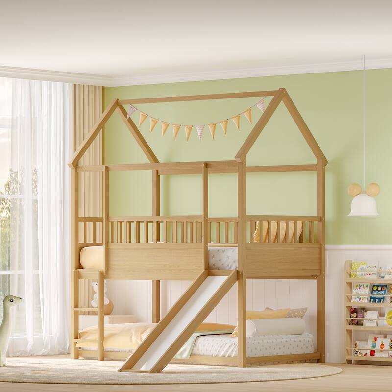 Twin Over Twin Floor Bunk Bed with Convertible Slide and Ladder, Twin Size Low Bunk Bed, Wooden House Bunk Bed Frame with Roof - Natural Wood - Twin