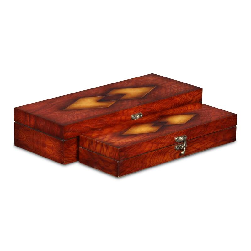 Brown Wooden Burlwood Veneer Diamond Design Storage Boxes (Set of 2)