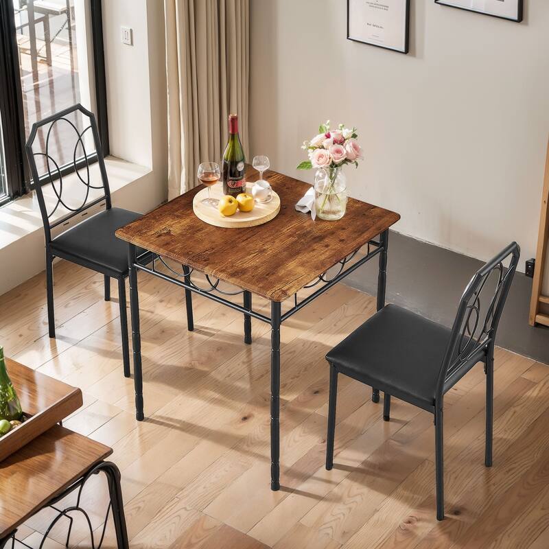 VECELO Industrial 3-Piece Space-Saving Square Dining Set MDF Table with Black PU Leather Dining Chairs Small Spaces