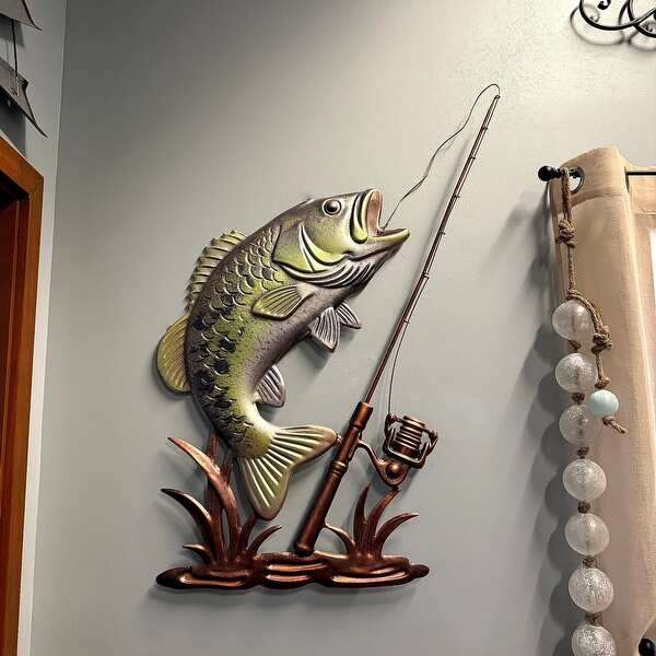 Fish Wall Sculpture Largemouth Bass Fishing Rod Metal 39.5 Inch