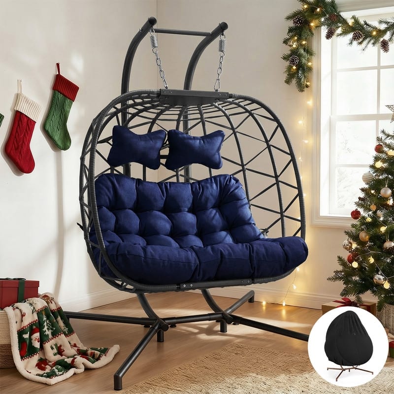 Oversized Outdoor Double Swing Egg Chair, 700 lbs Capacity 2-Person Hanging Egg Chair Swing with Cushion