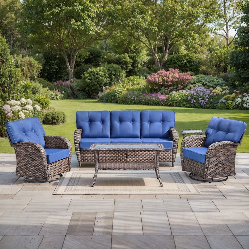 Pocassy 5 Piece Ooutdoor Sofa with Swivel Chair Table - Brown Wicker & Blue cushion