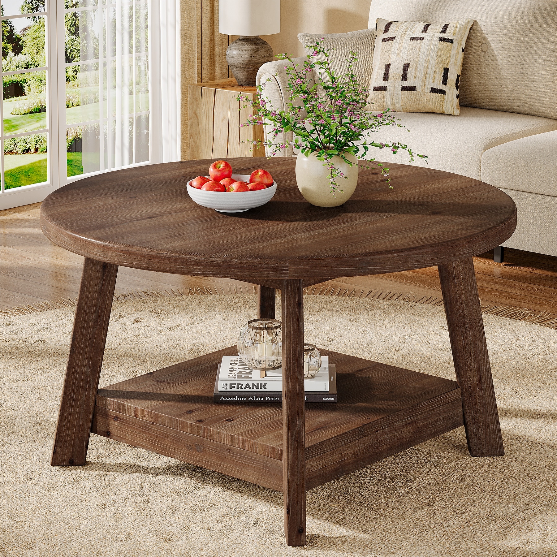 2-tier Solid Wood Round Coffee Table for Living Room - 31.5" D x 31.5" W x 17.7" H