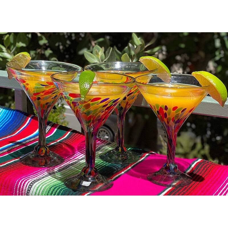Dos Suenos Mexican Hand Blown Glass - Set of 4 Hand Blown Modern Margarita Glasses - Confetti Carmen (12 oz)