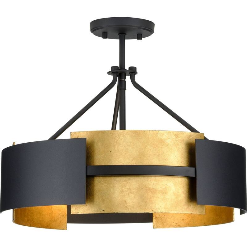 Lowery Collection 3-Light Black Distressed Gold Luxe Semi-Flush Mount Convertible Ceiling Light - 19 in x 19 in x 15.37 in - 19 in x 19 in x 15.37 in
