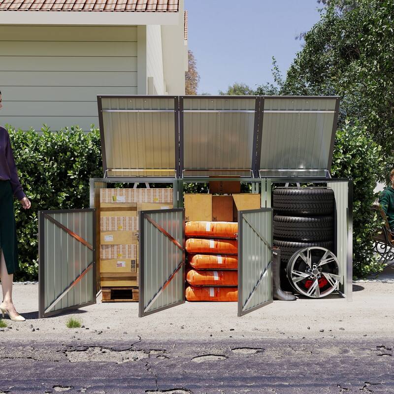 120 Cu. Ft. Outdoor 3-Trash-Can Storage Shed, Pneumatic Support Rod Storage - N/A