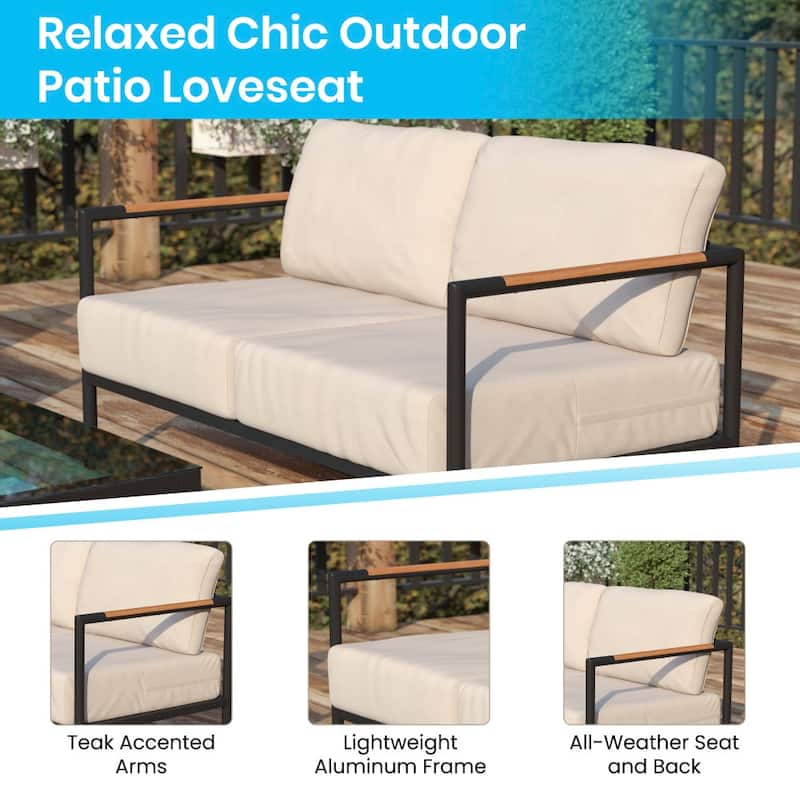 Aluminum Frame Loveseat with Teak Arm Accents and Plush Cushions