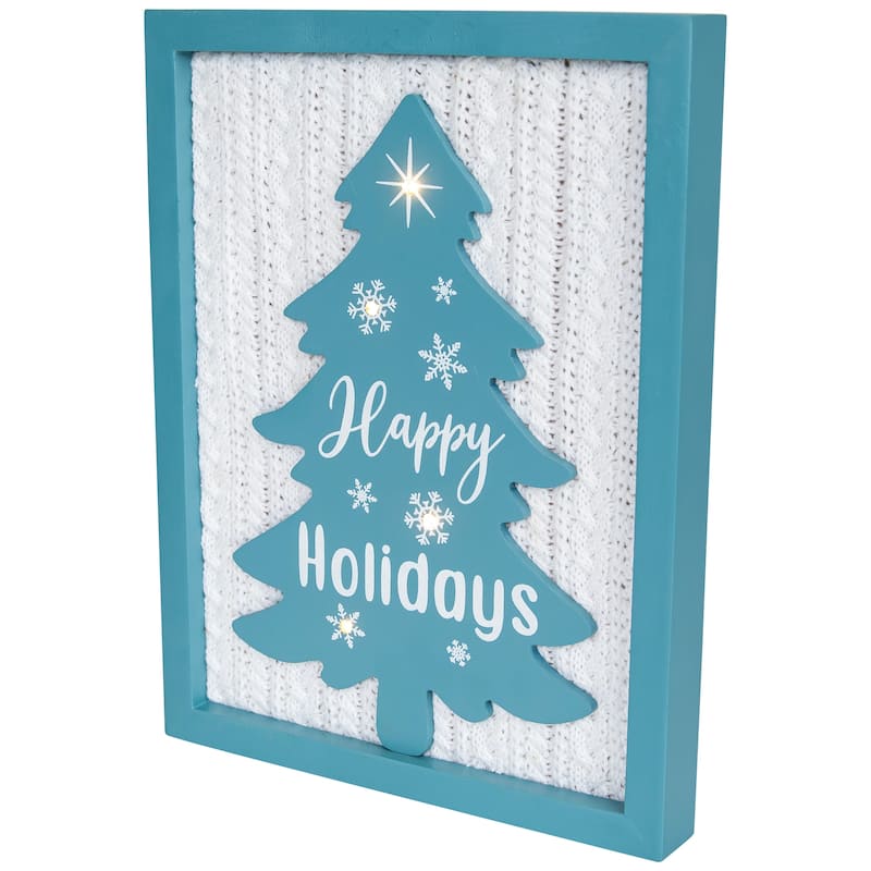 Lighted Happy Holidays Christmas Tree with Cable Knit Texture Wall Art - 12"