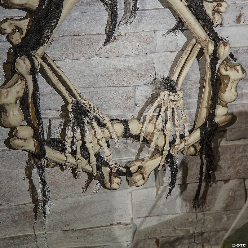 Pre-Lit Battery Operated Skeleton Artificial Halloween Wreath - 16.5" - Red Lights