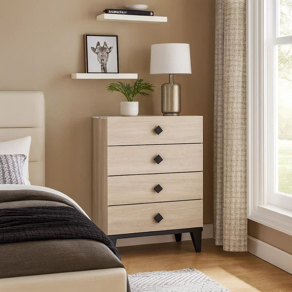 4 Drawer Wooden Chest with Grains and Angled Legs, Cream