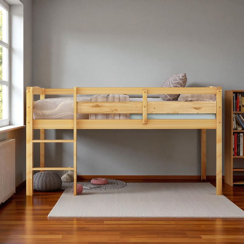 Twin Wood Low Loft Bed with Ladder, Solid Pine Frame Loft Bed for Kids, Space-Saving Design, No Box Spring Needed