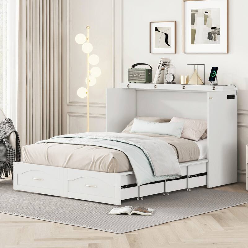 Multi-Function Wall Bed Cabinet Foldable Murphy Bed with Smooth Pulley Design, Dual Drawers, USB Ports and Flexible Slats