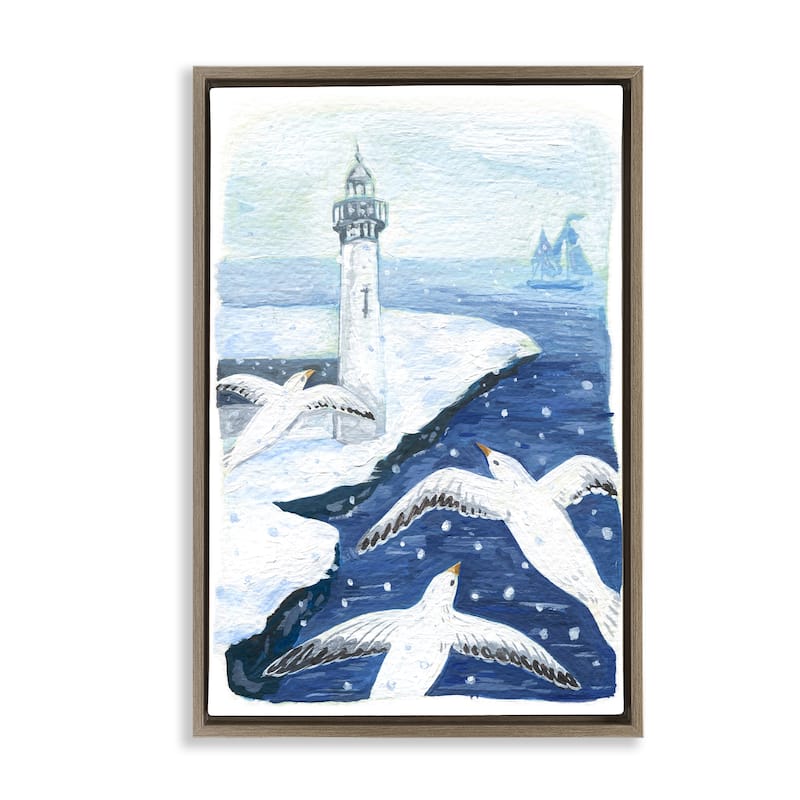 Stupell Snowy Winter Harbor Birds Framed Floater Canvas Wall Art Design By Hannah Moren - 17 x 25 - Brown