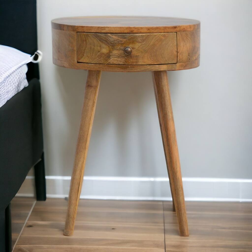 Circular Oak Bedside Table with One Drawer