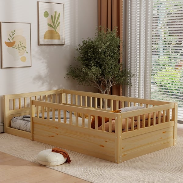 slide 2 of 10, Natural Twin Size Pine Wood Floor Bed Frame with Fence for Bedroom, Playroom, Kids, Boys and Girls Twin - Natural