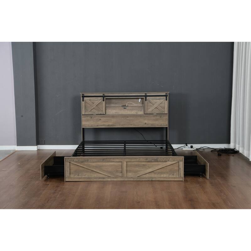 GDFStudio - Junie Rustic Wooden Bed Frame with LED Lights, Built-in Charging Station, 2 Underbed Drawers & No Box Spring Needed