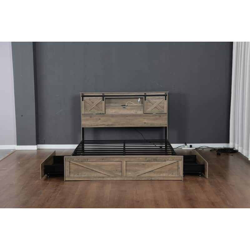 Queen Size Platform Bed with LED Headboard And Charging Station , Barn Door Design, App-Controlled RGB Lights