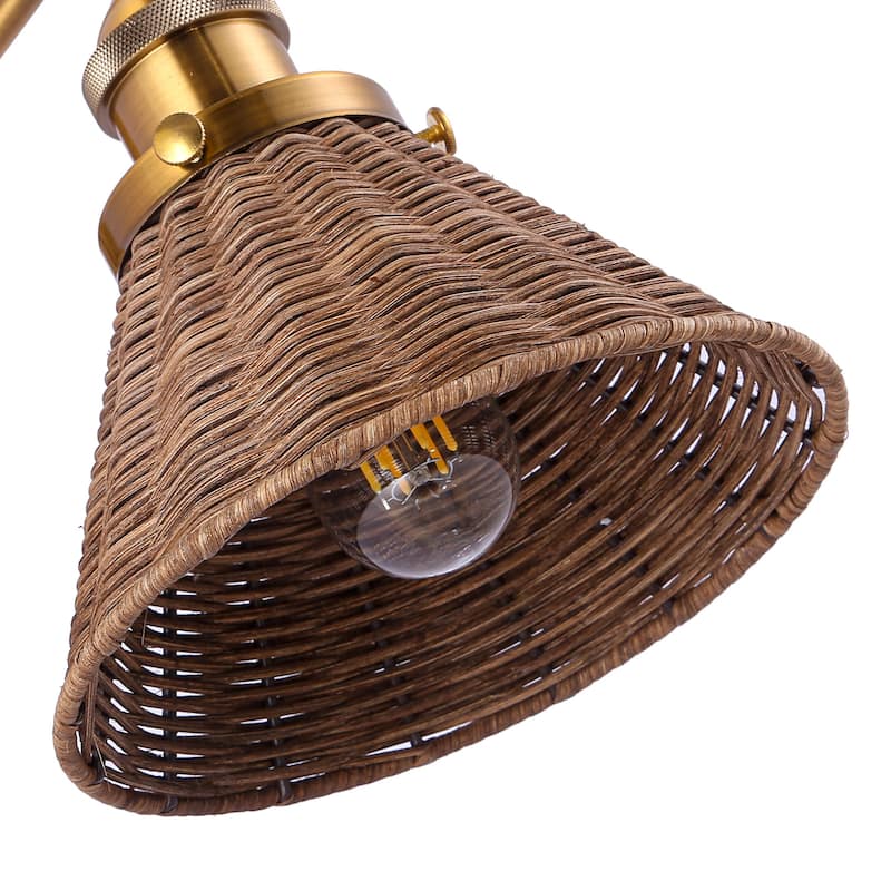 1-Light Farmhouse Brown Rattan Gold Brass Wall Swing Arm Lamp Wall Sconce