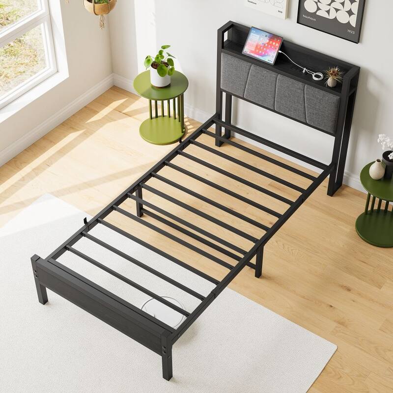 Twin Size Bed Frame, Storage Headboard with Charging Station, Solid and Stable, Noise Free