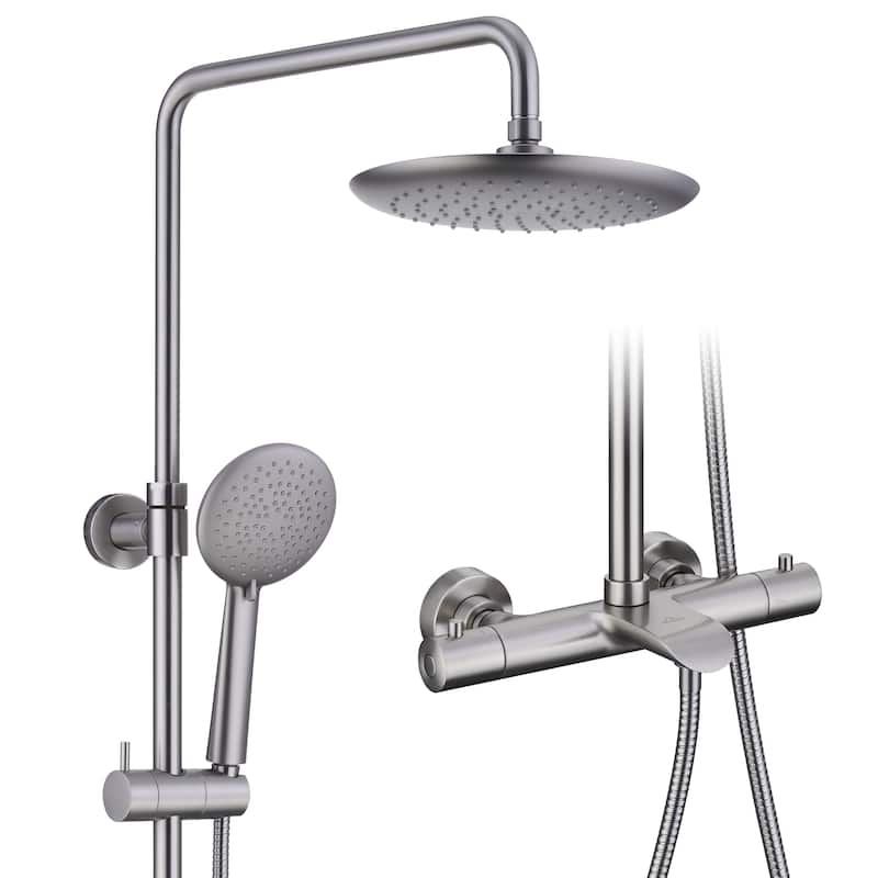 5-Spray Patterns Wall Mount Tub and Thermostatic Rain Shower Faucet with Handheld Shower Head Combo - 9.5" x 9.5"