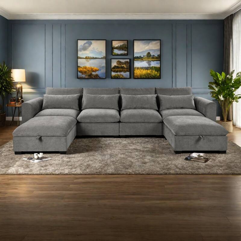 132.3" Linen Blend U-Shaped Modular Sectional Sofa with 2 Ottomans, Transformable Design and Hidden Storage - Gray