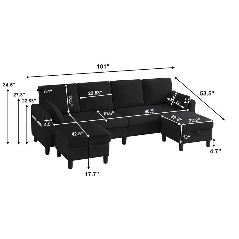101" Corduroy U Shaped Sectional Sofa with Storage Ottoman