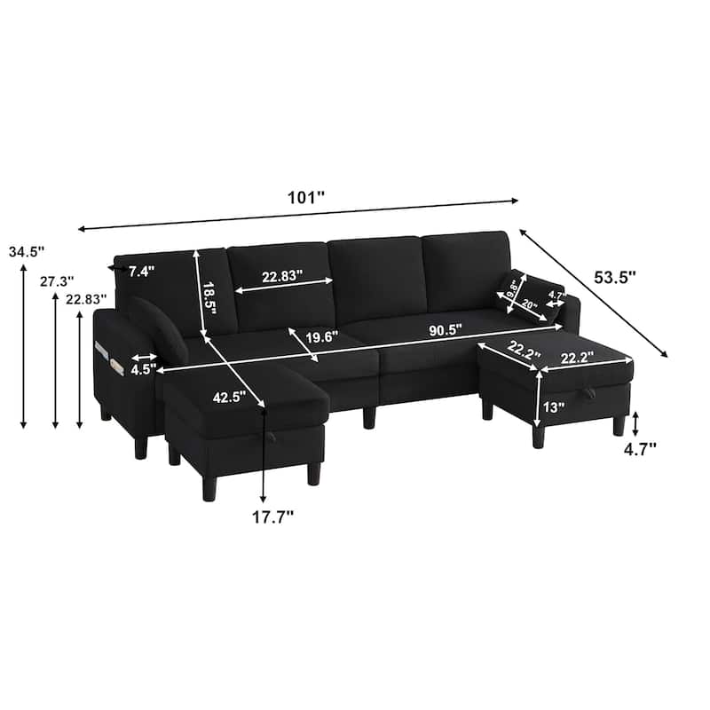 101'' Corduroy Upholstered Sectional Sofa With Storage Ottoman