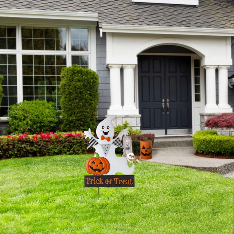 Glitzhome Halloween LED Ghost Cat Pumpkin Nutcracker Yard Stakes Standing Sign Hanging Decor