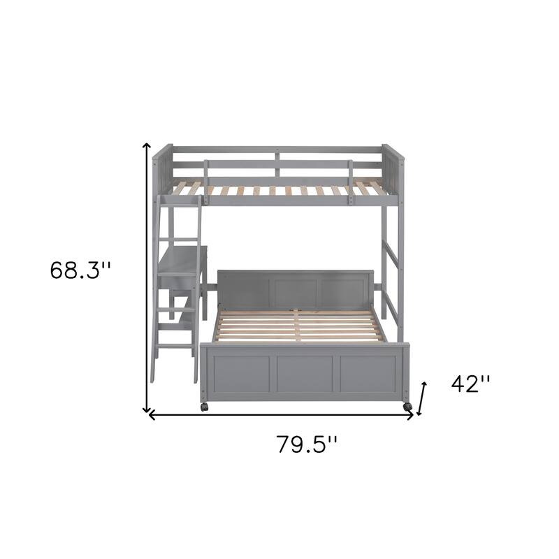 HomeRoots Gray Twin Over Full Wood Bunk Bed With Desk Drawers And Storage