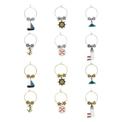 Wine Things 12-Piece Wine Charms/Wine Glass Tags/Drink Markers for Stem Glasses, Wine Tasting Party (Ahoy!)