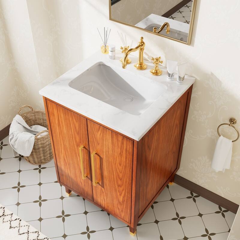 24-Inch Minimalist Bathroom Vanity with Sink – Waterproof Finish, Gold Handles, Compact Storage