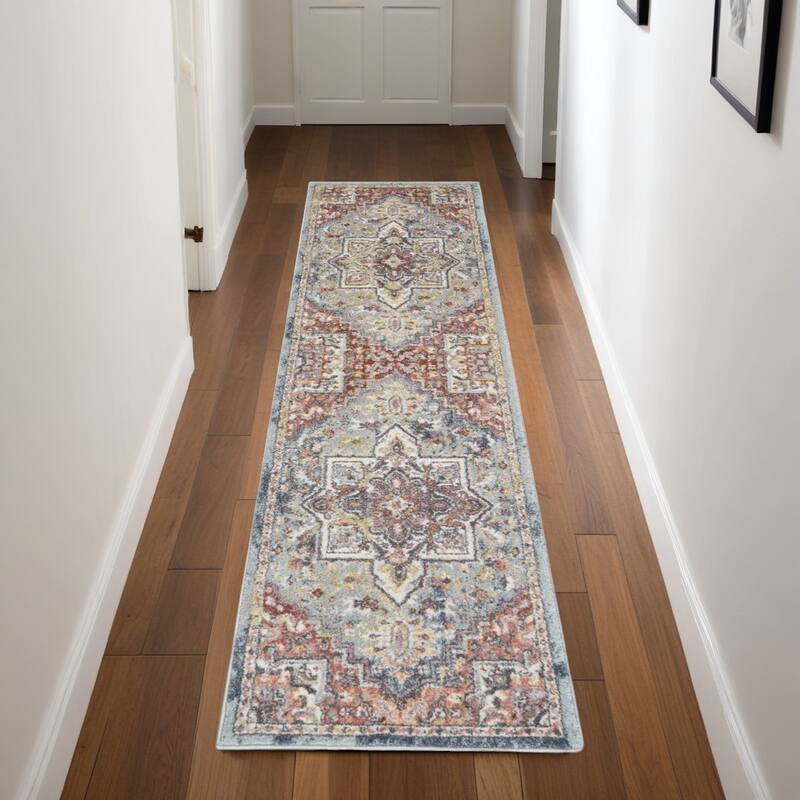 Hoga Power Loomed Distressed Abstract Floral Traditional Stain Resistant Area Rug By HomeRoots - 90' X '26' X '0.5 - 90' X '26' X '0.5 - Oxford Blue - Runner