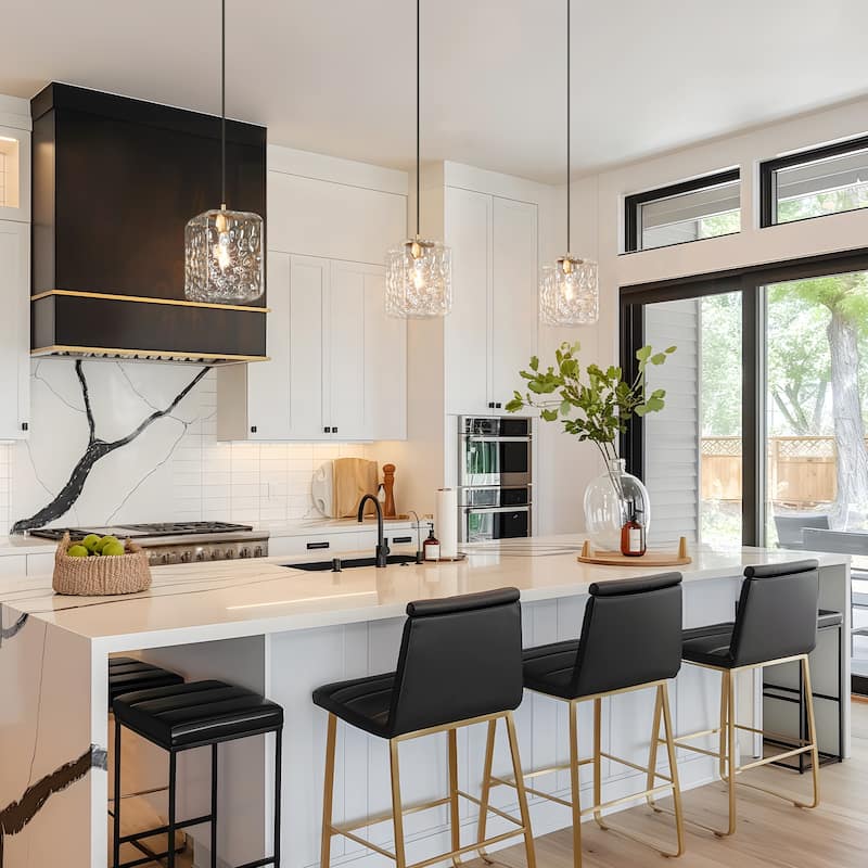 Modern 1-Light Black Gold Pendant Light Fixture Textured Glass Rectangular Shade Kitchen Island Light for Dining Room