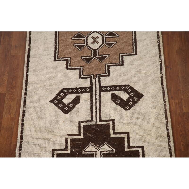 Anatolian Turkish Runner Rug Handmade Beige Tribal Wool Carpet - 3'5"x 12'3"