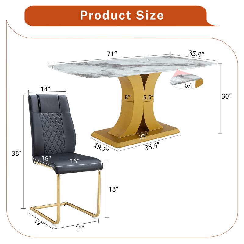 Modern Dining Table Set, Dining Table with C-Shaped Metal Legs, Black Upholstered Leather Dining Chairs