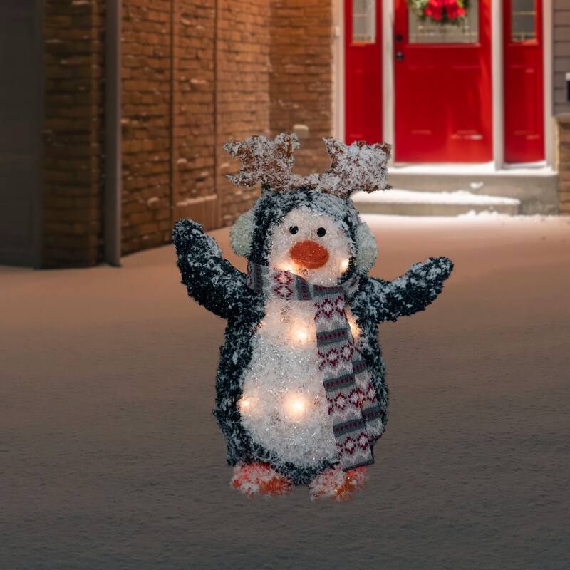 Lighted Snowy Penguin in Antler Hat Outdoor Christmas Decoration - 22" - Warm White - Black