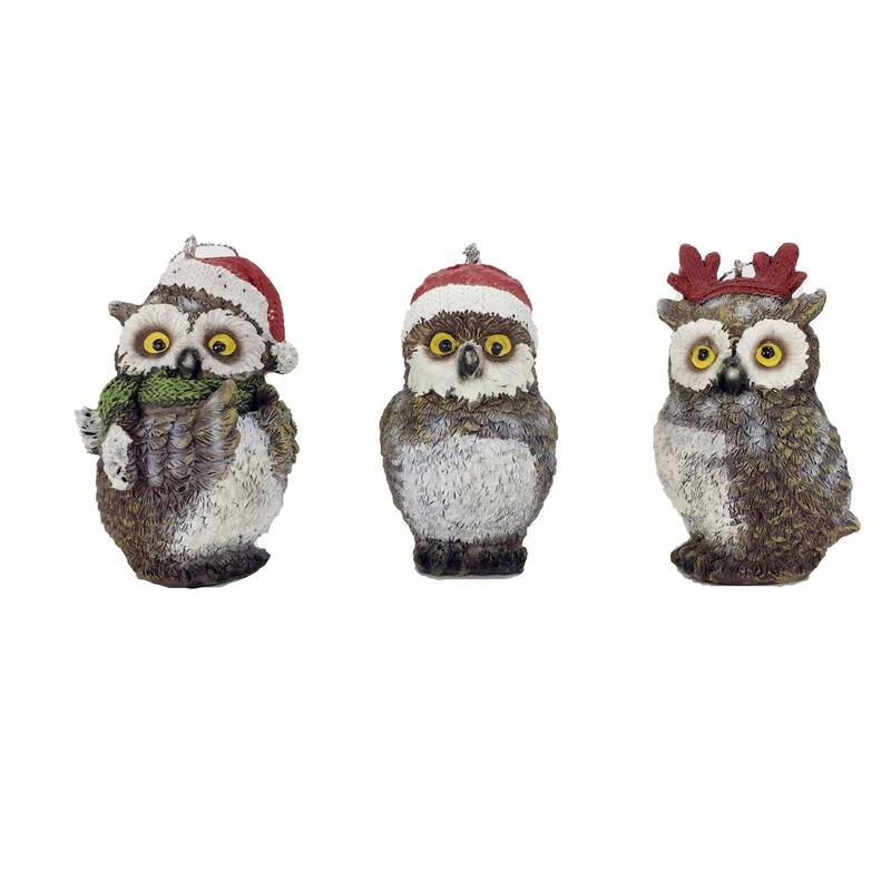 Standing Owl Christmas Figurine Ornaments 3.5" Gray and White Set of 3