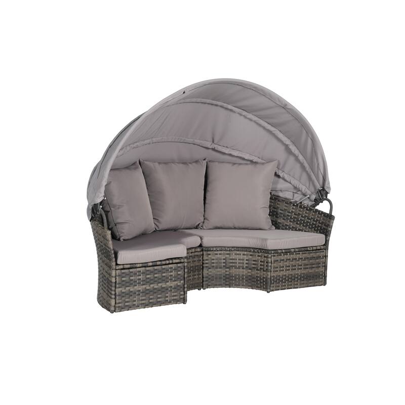 5 Pieces Outdoor Patio Rattan Round Daybed Sunbed with Retractable Canopy and Removable Cushions