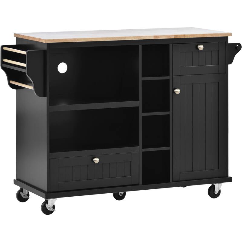 Kitchen Island with Solid Wood Desktop, Kitchen Island Cart on Locking Wheels, Rolling Island Cart with Cabinets & Drawers